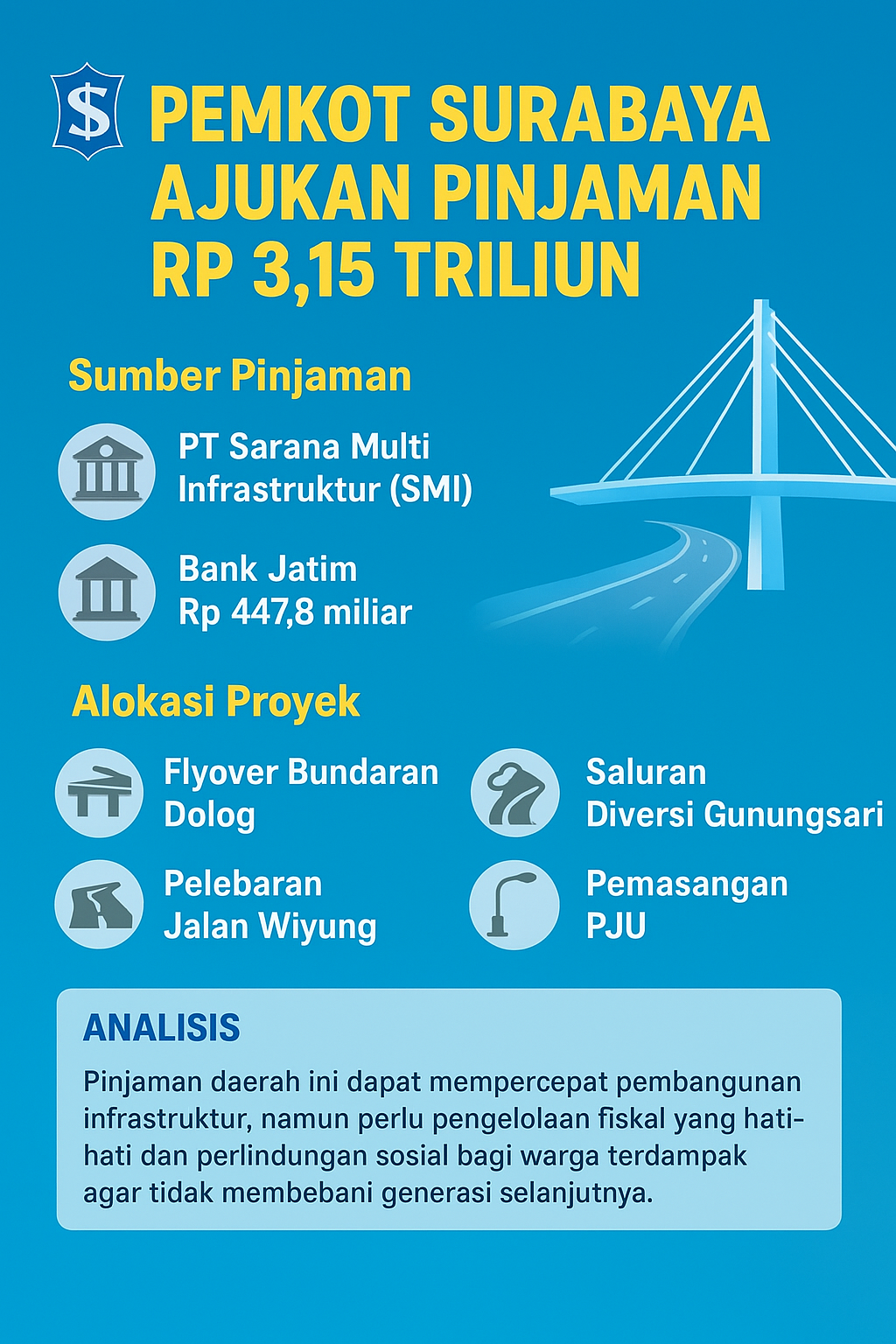 Infografik pinjaman daerah Pemkot Surabaya Rp 3,15 triliun untuk proyek flyover, jalan Wiyung, saluran Diversi Gunungsari, dan PJU.