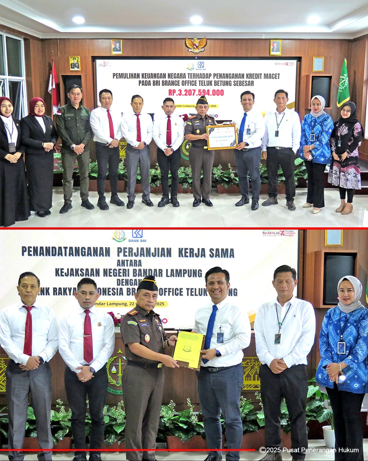 Penandatanganan kerja sama antara Kejaksaan Negeri Bandar Lampung dan Bank BRI Branch Office Teluk Betung tentang penanganan hukum bidang Datun serta penyerahan penghargaan atas pemulihan keuangan negara sebesar Rp3,2 miliar.