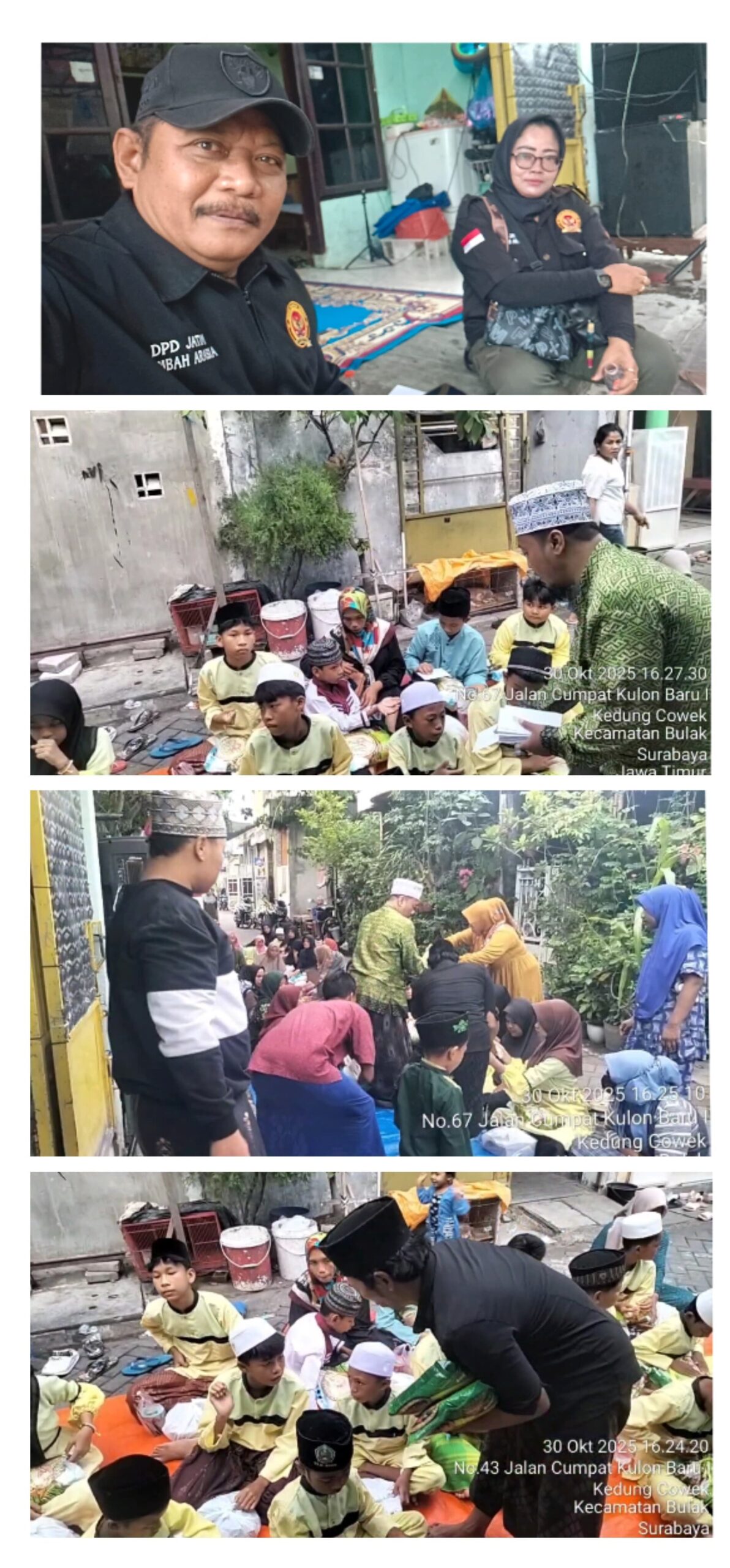 Kegiatan santunan anak yatim piatu dan kaum dhuafa oleh Mediabarometer.net bersama LSM Trinusa, Lembah Arasia, dan Ormas Madas Nusantara di Kedung Cowek, Surabaya, Kamis 30 Oktober 2025
