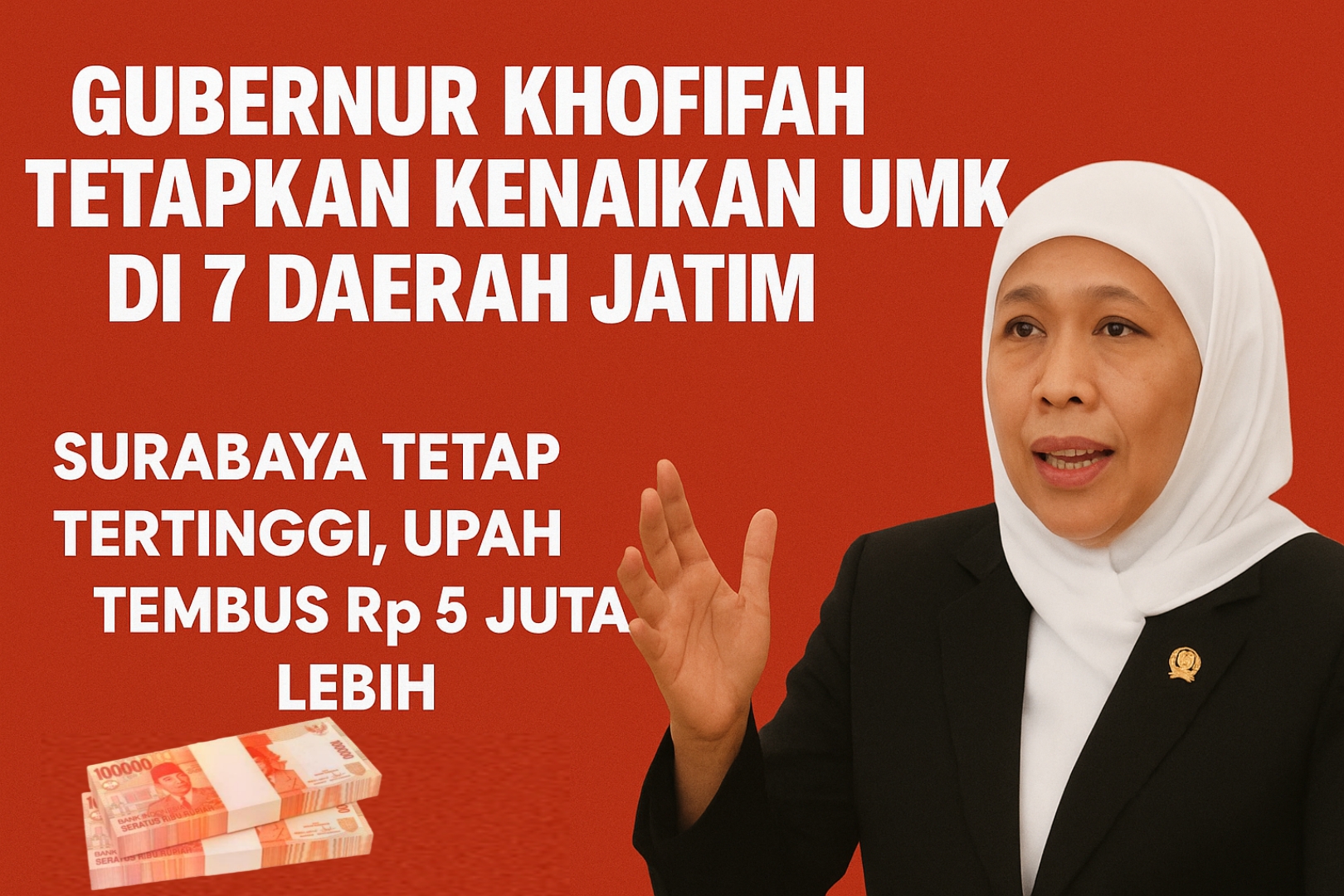 Gubernur Khofifah Indar Parawansa menetapkan kenaikan UMK di tujuh daerah Jawa Timur, Surabaya tetap tertinggi dengan upah di atas Rp 5 juta.