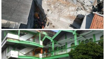 Reruntuhan musala Pondok Pesantren Al Khoziny di Buduran, Sidoarjo, setelah ambruk menimpa para santri saat salat Asar.