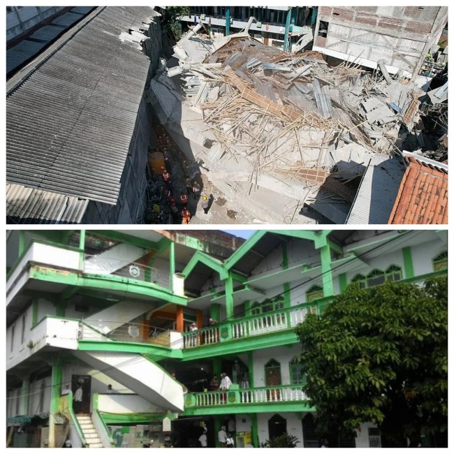 Reruntuhan musala Pondok Pesantren Al Khoziny di Buduran, Sidoarjo, setelah ambruk menimpa para santri saat salat Asar.