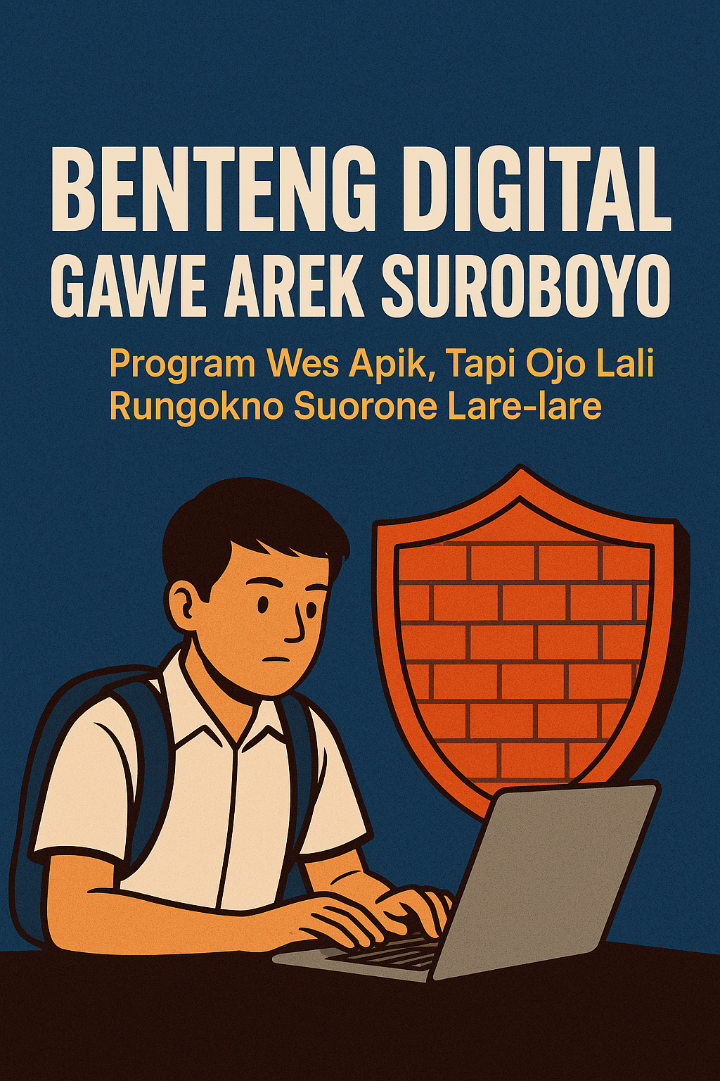 Ilustrasi siswa Surabaya sedang menggunakan laptop dengan perisai digital di belakangnya, simbol perlindungan dari radikalisme internet.