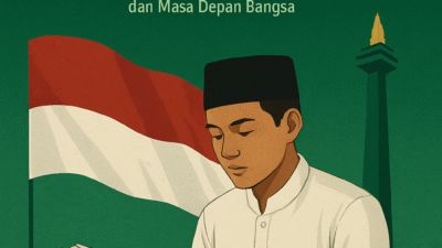Ilustrasi seorang santri membaca kitab di pesantren dengan latar bendera merah putih dan Monas, menggambarkan semangat nasionalisme dan religius dalam peringatan Hari Santri 2025.