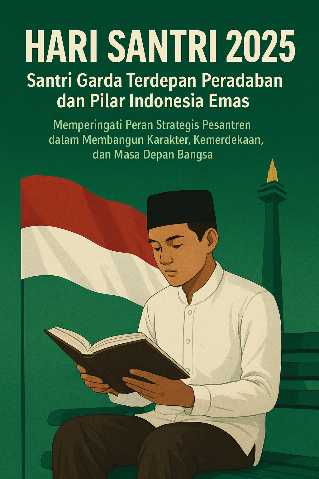 Ilustrasi seorang santri membaca kitab di pesantren dengan latar bendera merah putih dan Monas, menggambarkan semangat nasionalisme dan religius dalam peringatan Hari Santri 2025.