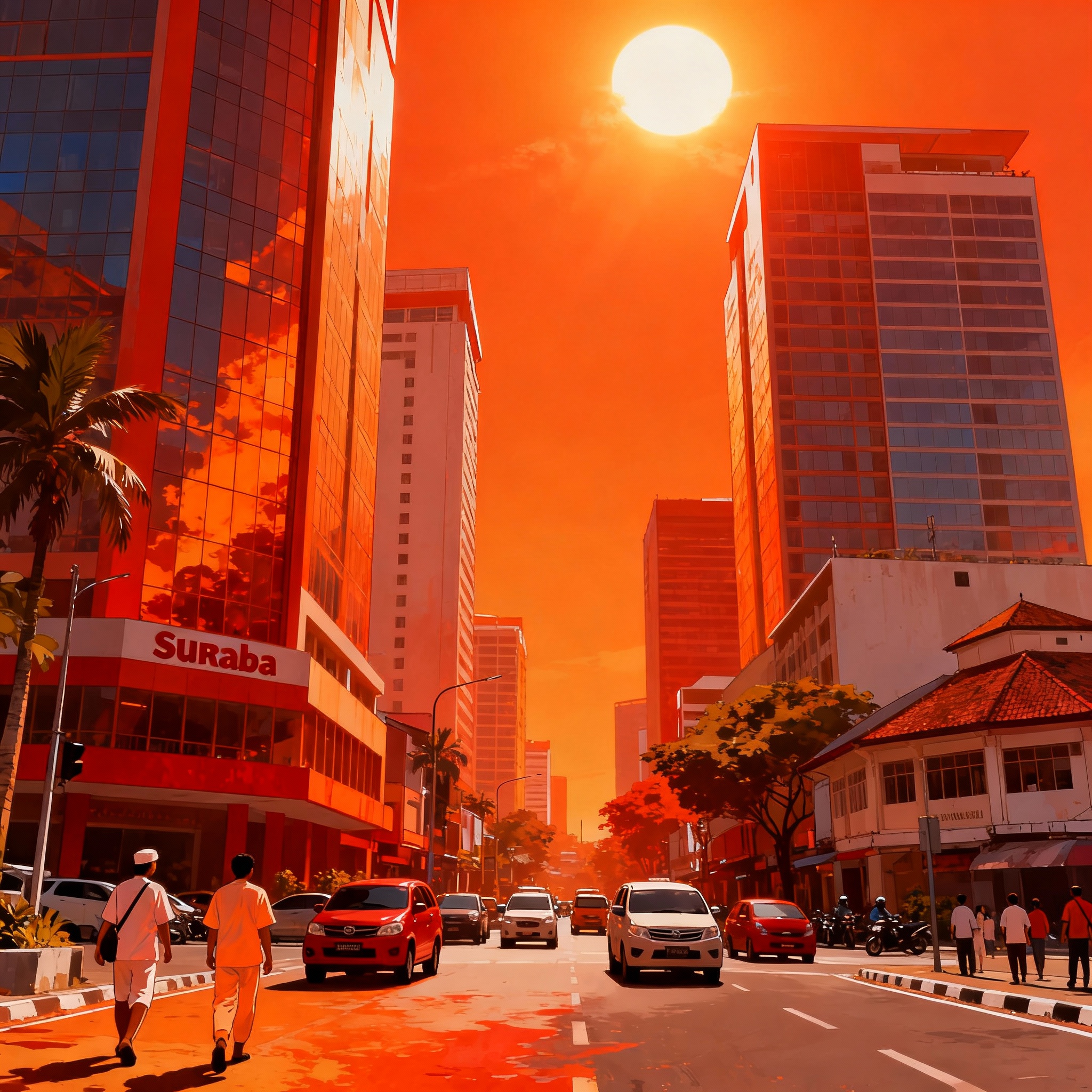 Ilustrasi cuaca panas terik di Surabaya dengan suhu mencapai 36 derajat Celsius, warga menggunakan payung dan topi untuk melindungi diri dari sinar matahari