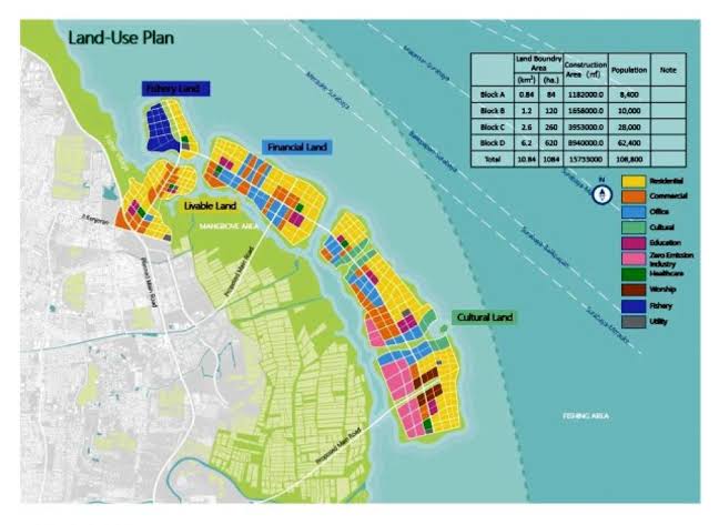 Peta masterplan Surabaya Waterfront Land menunjukkan pembagian 4 blok pengembangan dengan peruntukan permukiman,komersial, industri, dan kawasan budaya.