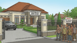 Ilustrasi karikatur satir protes warga Desa Siyar terkait BLT salah sasaran. Gambar menampilkan kontras sosial antara rumah mewah bertuliskan 'Penerima BLT Desa Siyar' yang memiliki mobil mewah, dengan sekelompok warga berpakaian lusuh yang sedang berdemo di depan pagar membawa poster 'Protes BLT Salah Sasaran'