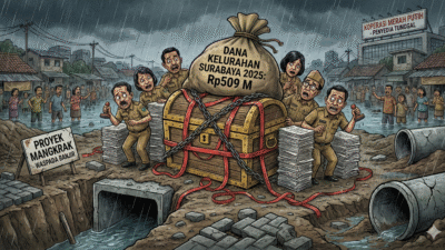 Ilustrasi karikatur satire kondisi Dana Kelurahan Surabaya 2025 yang menggambarkan pejabat ASN ketakutan memegang stempel di samping peti harta karun APBD Rp509 Miliar yang terkunci rantai besi, sementara di sekelilingnya terdapat proyek saluran air mangkrak, jalanan banjir, dan warga yang protes, dengan latar belakang plang Koperasi Merah Putih sebagai penyedia tunggal