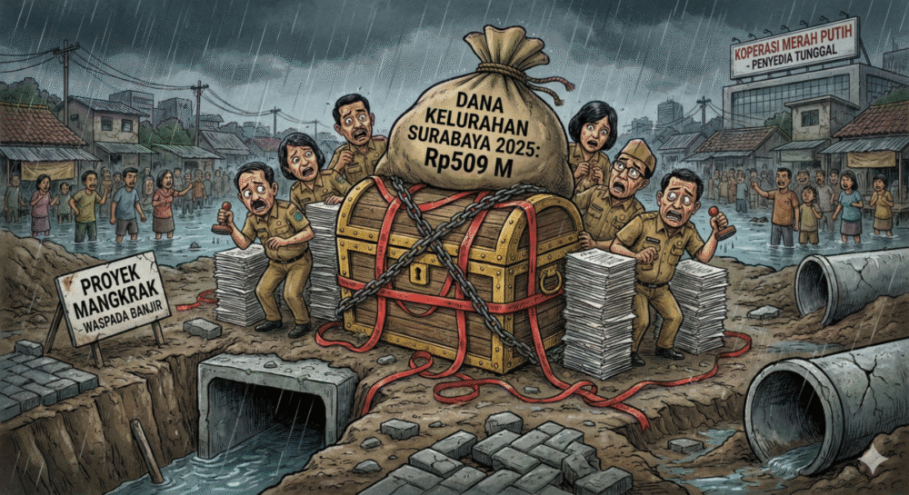 Ilustrasi karikatur satire kondisi Dana Kelurahan Surabaya 2025 yang menggambarkan pejabat ASN ketakutan memegang stempel di samping peti harta karun APBD Rp509 Miliar yang terkunci rantai besi, sementara di sekelilingnya terdapat proyek saluran air mangkrak, jalanan banjir, dan warga yang protes, dengan latar belakang plang Koperasi Merah Putih sebagai penyedia tunggal