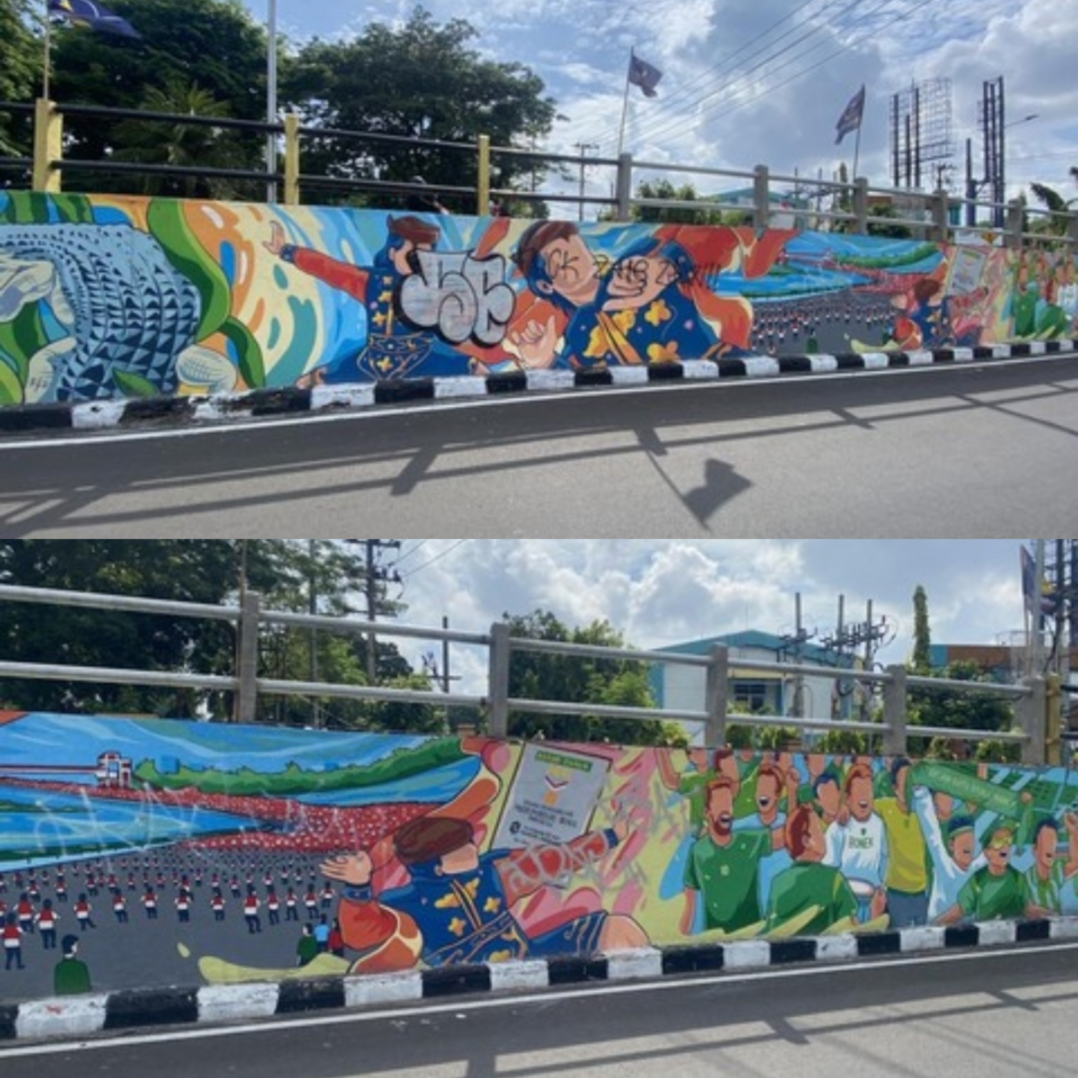 Mural warna-warni yang mengalami vandalisme di Jalan Gubeng Pojok, Surabaya