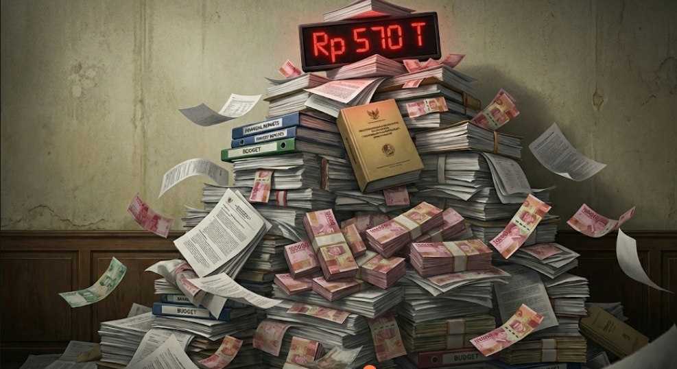 Ilustrasi panel kendali digital dengan tampilan angka Rp 510 triliun,dilengkapi tombol-tombol bertuliskan POWER PUSH, LIGHT PUSH, dan DOCKET dalam desain modern dengan lighting biru.