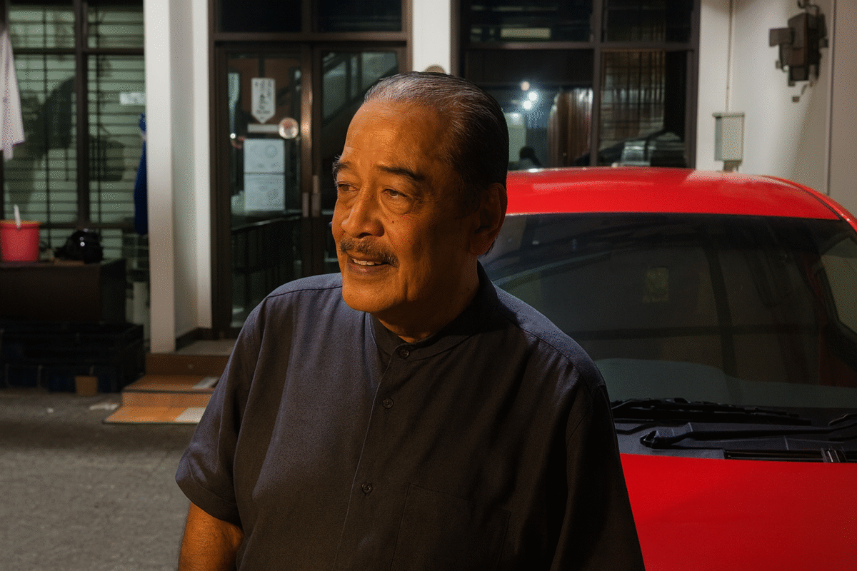 Komisaris PT Widya Satria, Erlangga Satriagung, mengenakan kemeja biru gelap, berdiri di area luar kantor pada malam hari dengan latar belakang mobil merah, usai penggeledahan KPK.