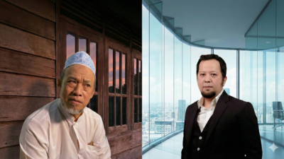 Kolase foto menampilkan pimpinan Ponpes Al Khoziny mengenakan busana muslim putih di sebelah kiri dan Bos Terra Drone Michael Wishnu Wardana berjas hitam di sebelah kanan dengan latar belakang kontras antara dinding kayu dan gedung kaca.