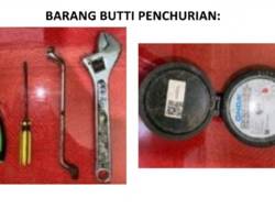 Kolase foto yang menunjukkan peralatan berupa tang, obeng, kunci pas, dan kunci inggris di sisi kiri, serta satu unit meteran air PDAM merk Onda di sisi kanan.