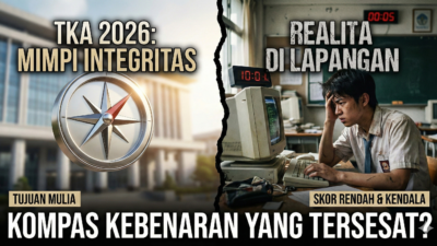 Ilustrasi visual terbagi dua menampilkan konsep TKA 2026 dengan simbol kompas dan gedung pendidikan di satu sisi, serta suasana ruang ujian dengan siswa terlihat tertekan di depan komputer di sisi lain.