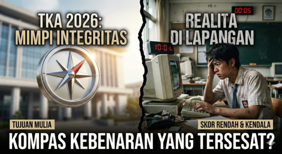Ilustrasi visual terbagi dua menampilkan konsep TKA 2026 dengan simbol kompas dan gedung pendidikan di satu sisi, serta suasana ruang ujian dengan siswa terlihat tertekan di depan komputer di sisi lain.