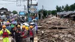 Ribuan warga terdampak Siklon Senyar mengantre di jalanan yang tergenang air dan lumpur, dijaga oleh petugas berseragam oranye, menunggu bantuan di tengah hujan.