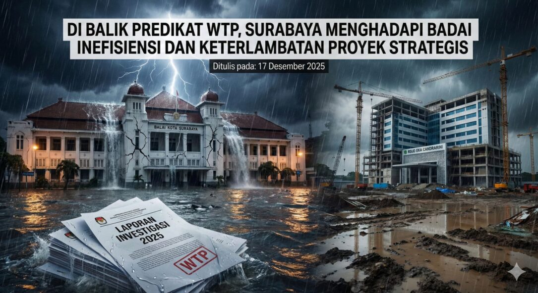 Ilustrasi digital menampilkan kolase gedung Balai Kota Surabaya yang retak dan dialiri air bersanding dengan lokasi konstruksi gedung bertingkat yang belum rampung di tengah hujan badai. Di bagian depan, tampak tumpukan dokumen bertuliskan "Laporan Investigasi 2025" dengan stempel WTP mengapung di atas genangan air keruh.