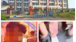 Kolase gambar yang menampilkan gedung DPRD Kabupaten Bangkalan di bagian atas serta dua potongan cuplikan video buram yang memperlihatkan sosok pria dan wanita di dalam ruangan dengan pencahayaan warna-warni.