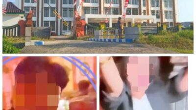 Kolase gambar yang menampilkan gedung DPRD Kabupaten Bangkalan di bagian atas serta dua potongan cuplikan video buram yang memperlihatkan sosok pria dan wanita di dalam ruangan dengan pencahayaan warna-warni.