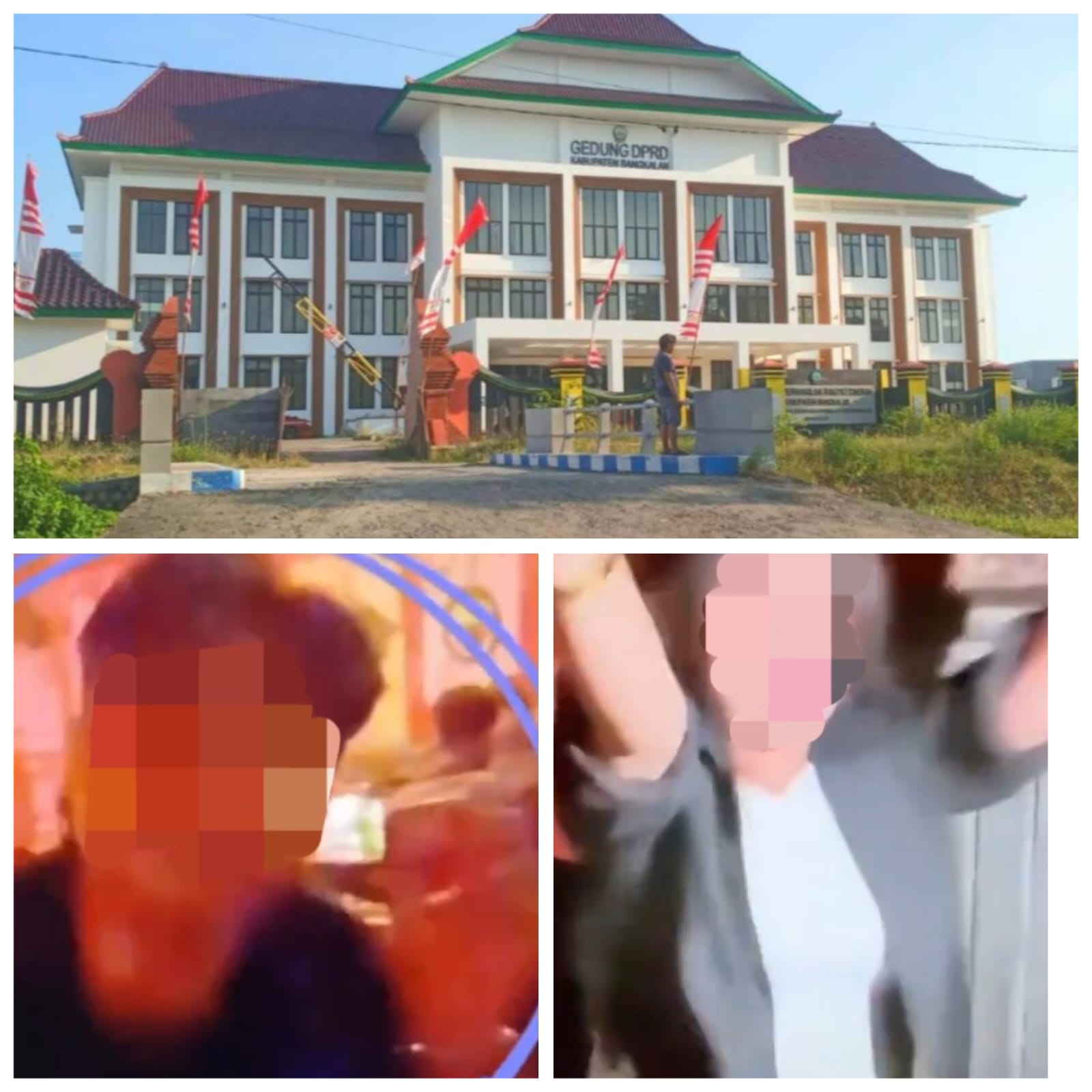 Kolase gambar yang menampilkan gedung DPRD Kabupaten Bangkalan di bagian atas serta dua potongan cuplikan video buram yang memperlihatkan sosok pria dan wanita di dalam ruangan dengan pencahayaan warna-warni.