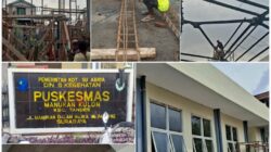 Sejumlah pekerja terlihat melakukan aktivitas konstruksi di Gedung Puskesmas Manukan Kulon, Surabaya, mulai dari pekerjaan struktur beton, pemasangan rangka atap baja ringan, hingga pengerjaan dinding dan kolom bangunan.