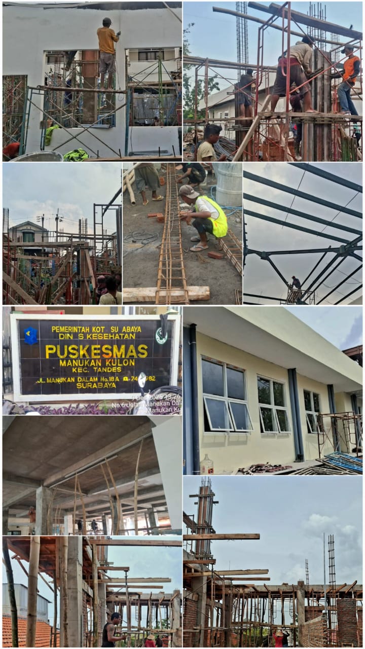 Sejumlah pekerja terlihat melakukan aktivitas konstruksi di Gedung Puskesmas Manukan Kulon, Surabaya, mulai dari pekerjaan struktur beton, pemasangan rangka atap baja ringan, hingga pengerjaan dinding dan kolom bangunan.