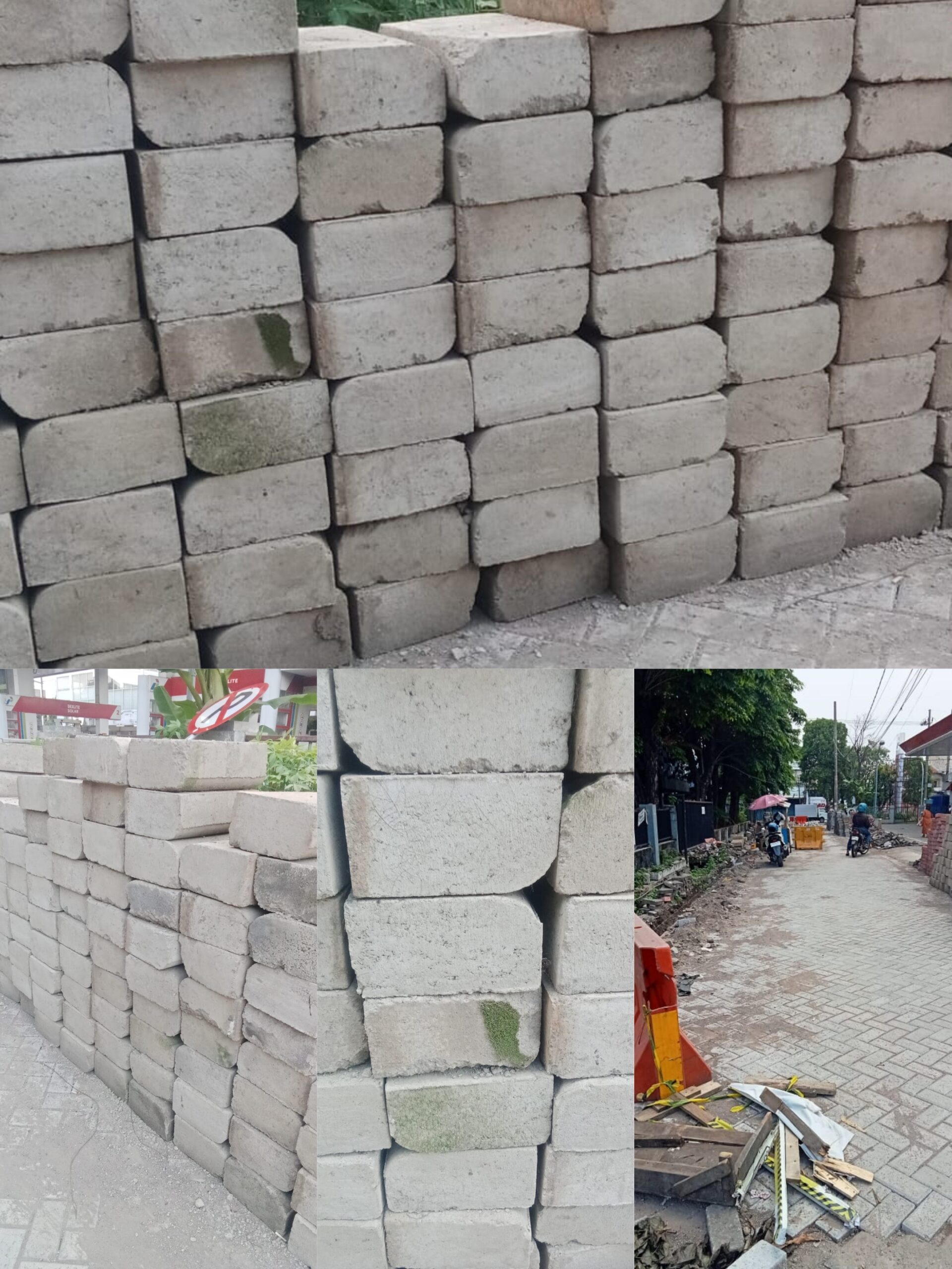 Kolase yang terdiri dari empat foto. Tiga foto menampilkan bidikan dekat (close-up) tumpukan paving block beton persegi panjang berwarna abu-abu yang terlihat agak kasar dan berpori, beberapa di antaranya ditumbuhi lumut tipis. Satu foto di sudut kanan bawah menunjukkan suasana jalan sempit di area perumahan yang sedang dalam perbaikan, dengan sebagian jalan sudah terpasang paving baru, dikelilingi oleh sisa material kayu, dan pembatas jalan (road barrier)