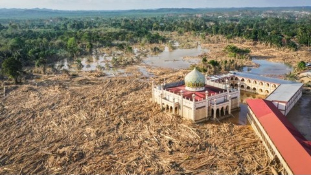 Foto udara Masjid Pondok Pesantren Darul Mukhlishin yang terkepung banjir lumpur dan tumpukan ribuan batang kayu gelondongan di Aceh Tamiang.
