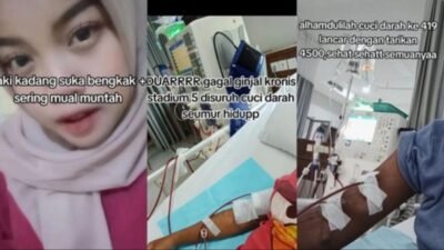 Kolase foto Sulistia remaja 18 tahun pasien gagal ginjal stadium 5 asal Tangerang. Kiri: Wajah Sulistia saat menceritakan gejala awal bengkak dan mual. Tengah dan Kanan: Dokumentasi proses cuci darah (hemodialisis) rutin di rumah sakit dengan selang terpasang di lengan.