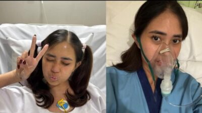 Kolase foto memperlihatkan kondisi Lilla Syifa saat menjalani perawatan intensif di rumah sakit, dengan satu sisi menunjukkan ia berpose tangan dua jari dan sisi lain memperlihatkan wajahnya tertutup masker oksigen.