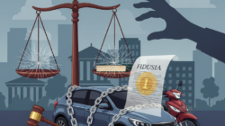 Ilustrasi jaminan fidusia, kendaraan bermotor terikat rantai hukum dengan simbol timbangan keadilan.