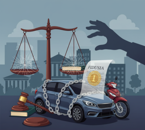 Ilustrasi jaminan fidusia, kendaraan bermotor terikat rantai hukum dengan simbol timbangan keadilan.