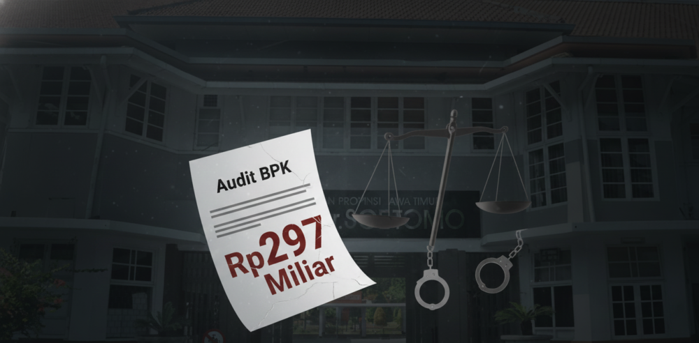 Ilustrasi visual menunjukkan gedung RSUD dr. Soetomo dengan dokumen audit BPK bertuliskan "Rp297 Miliar" dan simbol timbangan keadilan serta borgol, menggambarkan dugaan korupsi anggaran yang sedang diselidiki.