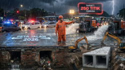 Ilustrasi split-view dramatis menampilkan Wali Kota Surabaya Eri Cahyadi mengenakan jas hujan oranye di tengah banjir kawasan Simo Kalangan pada malam hari, dengan bagian bawah tanah memperlihatkan perbandingan antara saluran drainase lama yang sempit dan instalasi box culvert beton baru.