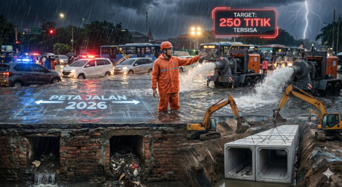 Ilustrasi split-view dramatis menampilkan Wali Kota Surabaya Eri Cahyadi mengenakan jas hujan oranye di tengah banjir kawasan Simo Kalangan pada malam hari, dengan bagian bawah tanah memperlihatkan perbandingan antara saluran drainase lama yang sempit dan instalasi box culvert beton baru.