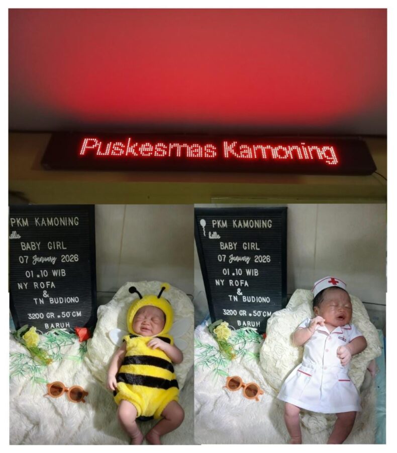 Kolase foto yang menampilkan papan nama LED merah bertuliskan Puskesmas Kamoning serta bayi perempuan baru lahir yang mengenakan kostum lebah dan perawat, terbaring di samping papan informasi data kelahiran.
