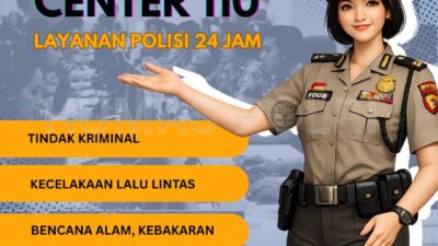 Poster digital sosialisasi Call Center 110 menampilkan ilustrasi polwan berseragam lengkap menunjuk daftar layanan darurat seperti tindak kriminal, kecelakaan, dan bencana alam. Gambar memuat logo Polri, Humas Polri, serta teks informasi layanan polisi 24 jam yang gratis dan Presisi.
