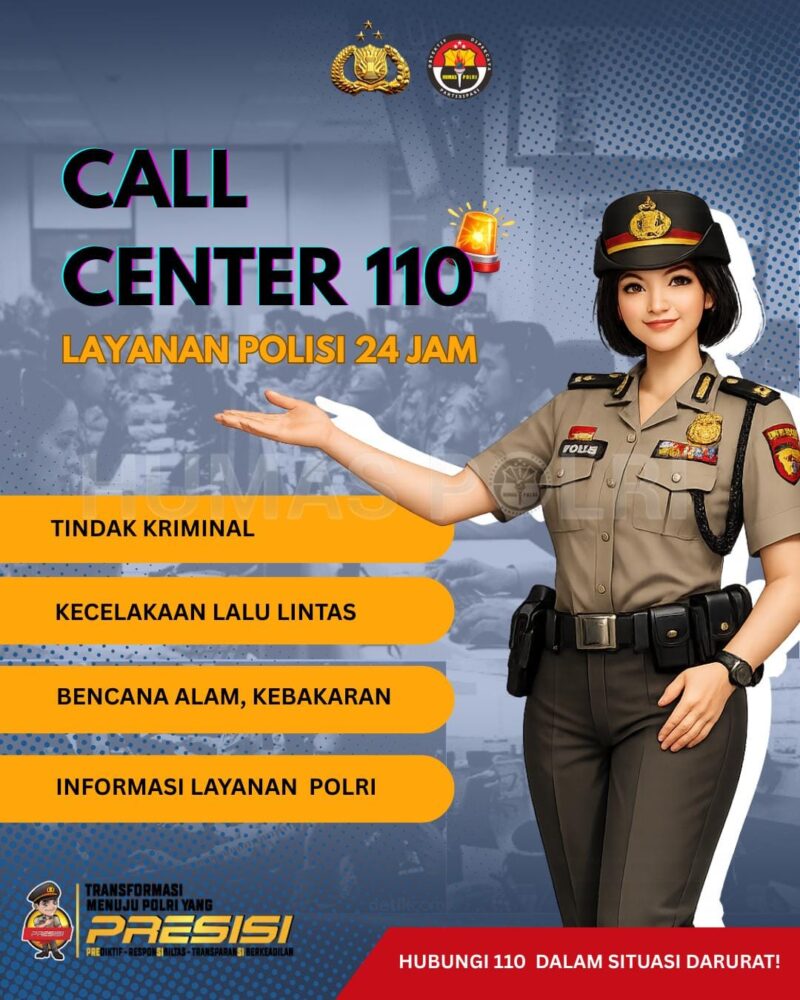 Poster digital sosialisasi Call Center 110 menampilkan ilustrasi polwan berseragam lengkap menunjuk daftar layanan darurat seperti tindak kriminal, kecelakaan, dan bencana alam. Gambar memuat logo Polri, Humas Polri, serta teks informasi layanan polisi 24 jam yang gratis dan Presisi.