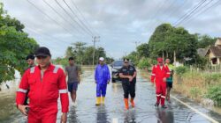 Petugas dan warga melintasi jalan tergenang banjir OKI