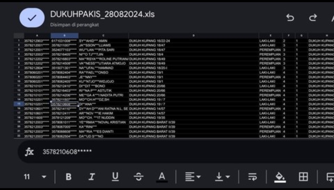 Tampilan file data adminduk Disdukcapil Surabaya dalam format spreadsheet