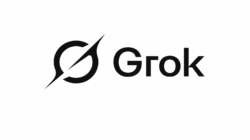 Logo Grok berwarna hitam dengan simbol lingkaran bergaris diagonal di latar putih.