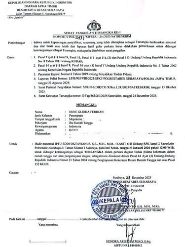 Surat Panggilan Tersangka Ke-1 dengan Nomor: S.Pgl/2931/XII/RES.1.24/2025/SATRESKRIM.