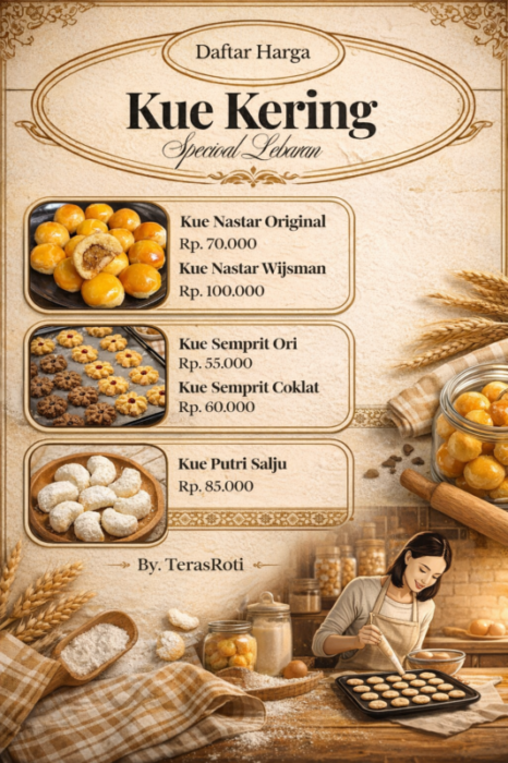 Poster daftar harga kue kering Lebaran TerasRoti memuat varian nastar, semprit, dan putri salju lengkap dengan nominal harga yang tercantum jelas pada setiap produk.