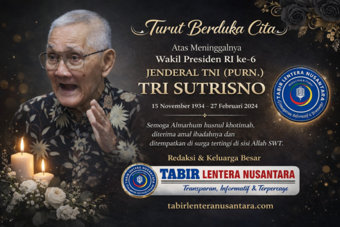 ucapan duka cita atas meninggalnya Try Sutrisno lengkap dengan keterangan jabatan, tanggal lahir dan wafat, serta identitas redaksi media yang menayangkan pernyataan belasungkawa tersebut.